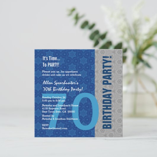 70e verjaardag Modern Silver en Blue Funny D848A Kaart (Staand voorkant)