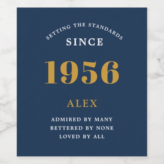70e verjaardag naam 1956 Blauw goud Elegant Chic Wijn Etiket (Enkel label)