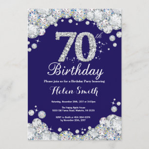 70e verjaardag Navy Blauw en Zilveren Diamant Kaart