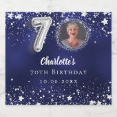 70e verjaardag navy blauw zilveren sterren foto sparkling wijnetiket (Enkel label)