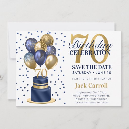 70e verjaardag Navy Blue Balloon Cake Save The Date (Voorkant)