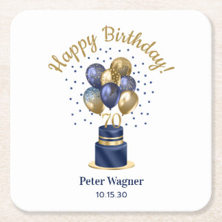70e verjaardag Navy Blue Balloon Cake Vierkante Kartonnen Onderzetter