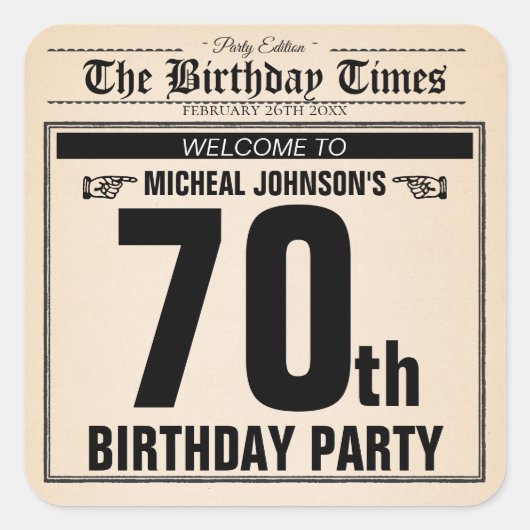 70e Verjaardag Oude Krant Grappig Custom Vierkante Sticker (Voorkant)