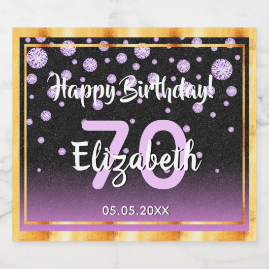 70e verjaardag paarse zwarte glitterdiamanten sparkling wijnetiket (Enkel label)