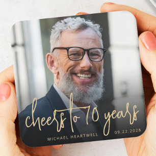 70e verjaardag Party Foto Cheers Gold Script Vierkante Kartonnen Onderzetter