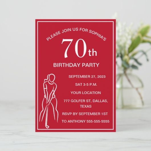 70e verjaardag Party Golfer Red Ladies Golf Par Kaart (Staand voorkant)