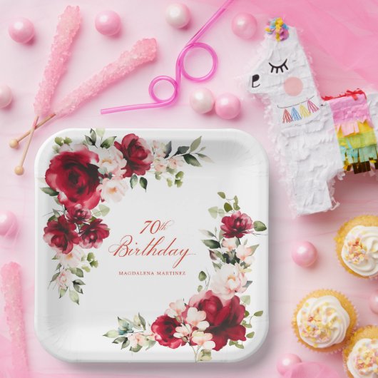 70e Verjaardag Party Rood Roze Bloemen Custom Papieren Bordje (Feest)