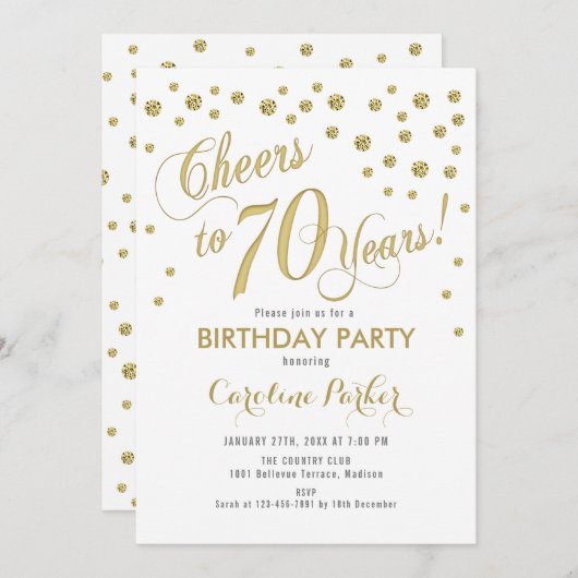70e verjaardag Party uitnodiging - Goud Wit (Voorkant / Achterkant)