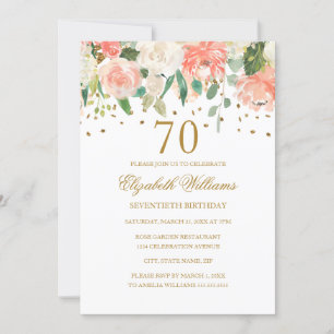 70e verjaardag Peach Gold Floral uitnodiging