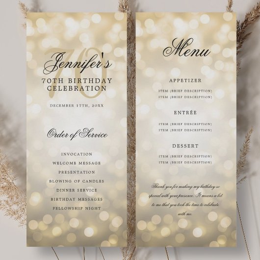 70e Verjaardag Programma Gold Bokeh Menu+Dank U