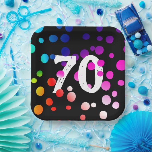 70e verjaardag RegenboogStippen op zwart Papieren Bordje (Feest)