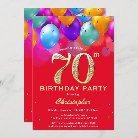 70e verjaardag Rode en goudkleurige ballonnen Kaart (Voorkant / Achterkant)