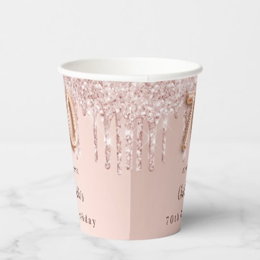70e verjaardag roos goud glitter druppelt monogram papieren bekers (Rechts)