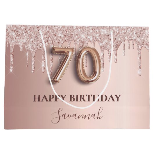 70e verjaardag roos goud glitter roze ballonstijl groot cadeauzakje (Achterkant)
