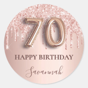 70e verjaardag roos goud glitter roze ballonstijl ronde sticker