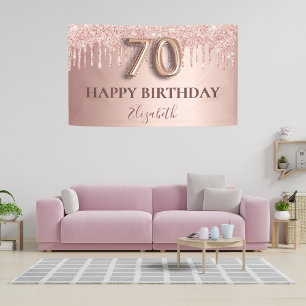 70e verjaardag roos goud glitter roze ballonstijl spandoek