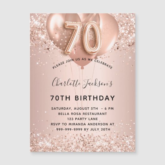 70e verjaardag roos gouden ballonnen uitnodiging m (Voorkant)