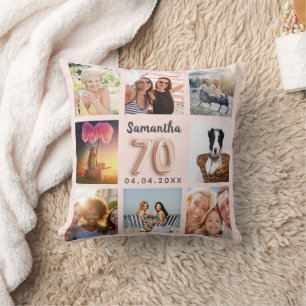 70e verjaardag roos gouden blauwe fotocollage kussen