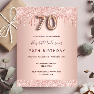 70e verjaardag roos gouden glitter blush uitnodigi briefkaart