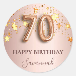 70e verjaardag roos gouden sterren roze ballonlett ronde sticker