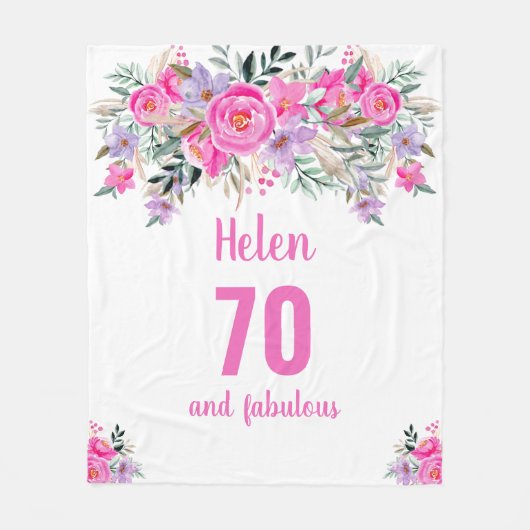 70e verjaardag roze bloemenfleece deken (Voorkant)