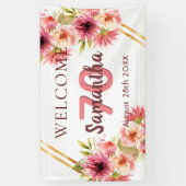 70e verjaardag roze gouden bloemen wit spandoek (Verticaal)