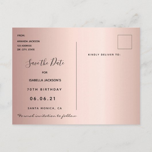 70e verjaardag roze gouden sterren save the date briefkaart (Achterkant)