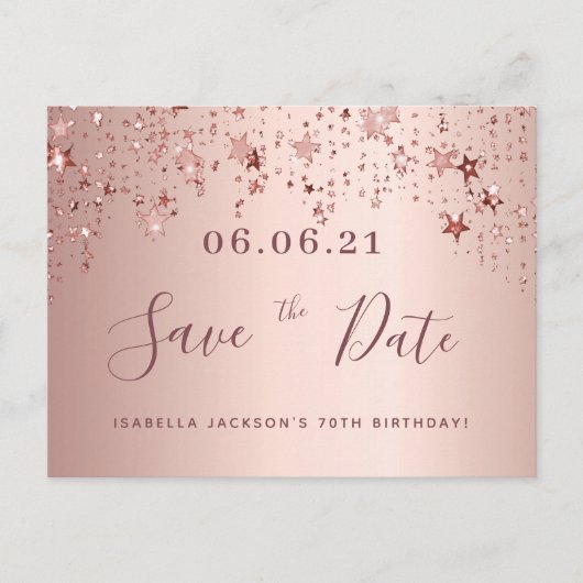 70e verjaardag roze gouden sterren save the date briefkaart (Voorkant)