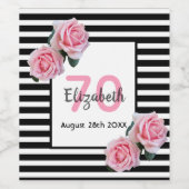 70e verjaardag roze rozen zwarte witte strepen wijn etiket (Enkel label)