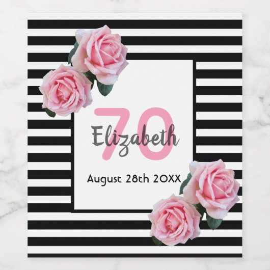 70e verjaardag roze rozen zwarte witte strepen wijn etiket (Enkel label)