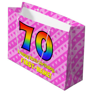 70e verjaardag: roze strips & harten, regenboognr. groot cadeauzakje