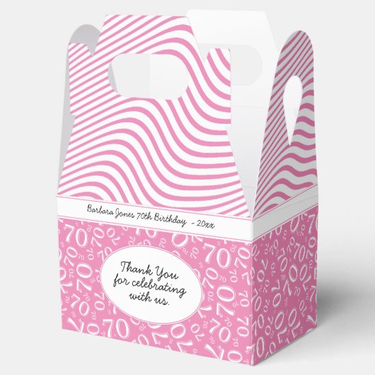 70e verjaardag roze/wit getallenpatroon bedankdoosjes (Geopend)
