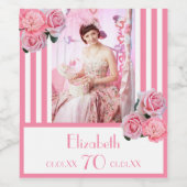 70e verjaardag roze witte strepen florale naam fot wijn etiket (Enkel label)