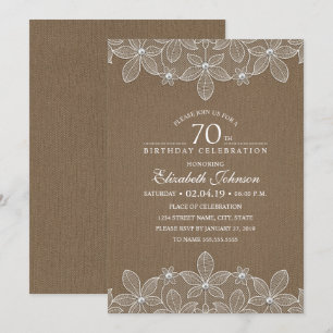70e verjaardag Rustic Burlap Pearls en Lace Kaart
