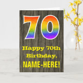 70e verjaardag: Rustieke Faux Wood Look, Regenboog Kaart (Gele Bloem)