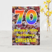 70e verjaardag; rustieke herfstbladeren; regenboog kaart (Gele Bloem)