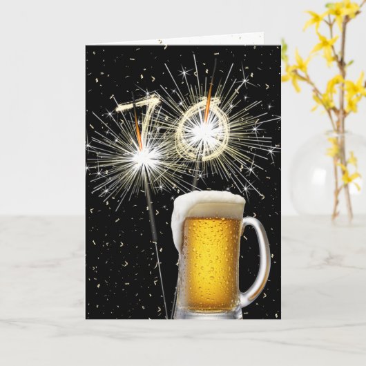 70e Verjaardag Sparklers Met Bier Mok Kaart (Gele Bloem)