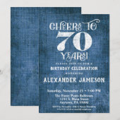 70e verjaardag Uitnodiging Blauwe linen Rustic Che (Voorkant / Achterkant)