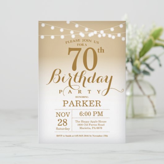 70e verjaardag uitnodiging Gold String Lights (Staand voorkant)