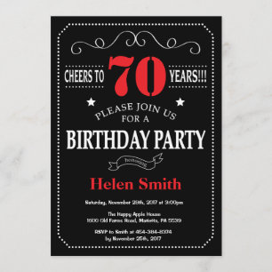 70e verjaardag Uitnodiging rood en zwart karton