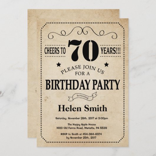 70e verjaardag Uitnodiging Uitnodiging Rustic Ret (Voorkant / Achterkant)