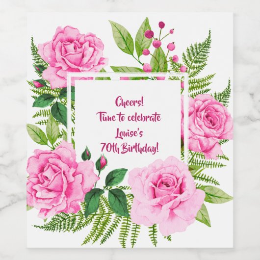 70e verjaardag van Classy and Beauful Pink Roses Wijn Etiket (Enkel label)