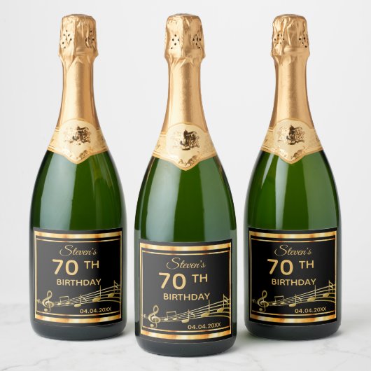 70e verjaardag van het elegante zwart-gouden muzie sparkling wijnetiket (Flessen)