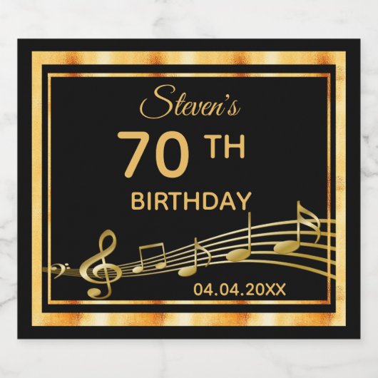 70e verjaardag van het elegante zwart-gouden muzie sparkling wijnetiket (Enkel label)