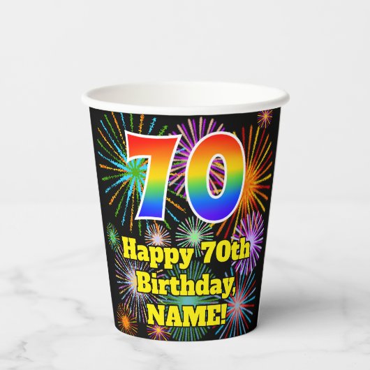 70e verjaardag: Vuurwerk Fun Pattern + Regenboog 7 Papieren Bekers (Achterkant)