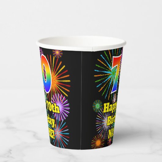 70e verjaardag: Vuurwerk Fun Pattern + Regenboog 7 Papieren Bekers (Rechts)