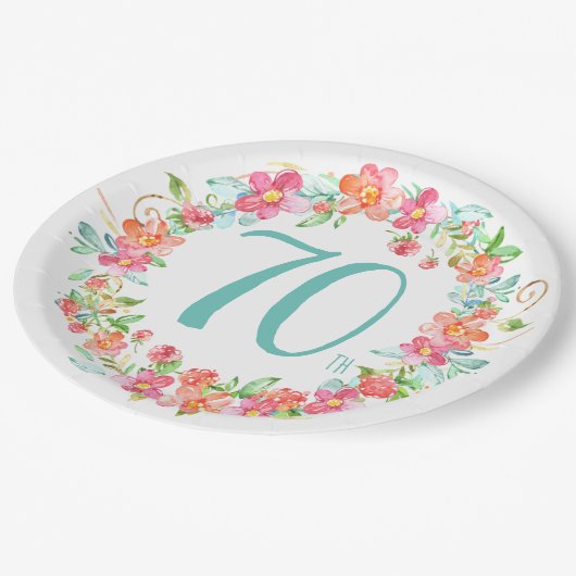 70e verjaardag  waterverf bloemen feest papieren bordje (Gekanteld)