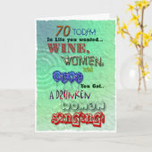 70e verjaardag, wijn vrouwen en lied kaart (Gele Bloem)