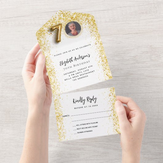 70e verjaardag wit goud fotofeest RSVP All In One Uitnodiging (Afscheurbaar)