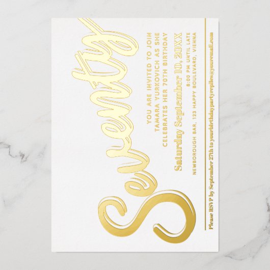70e verjaardag, wit met gouden script folie uitnodiging (Voorkant)